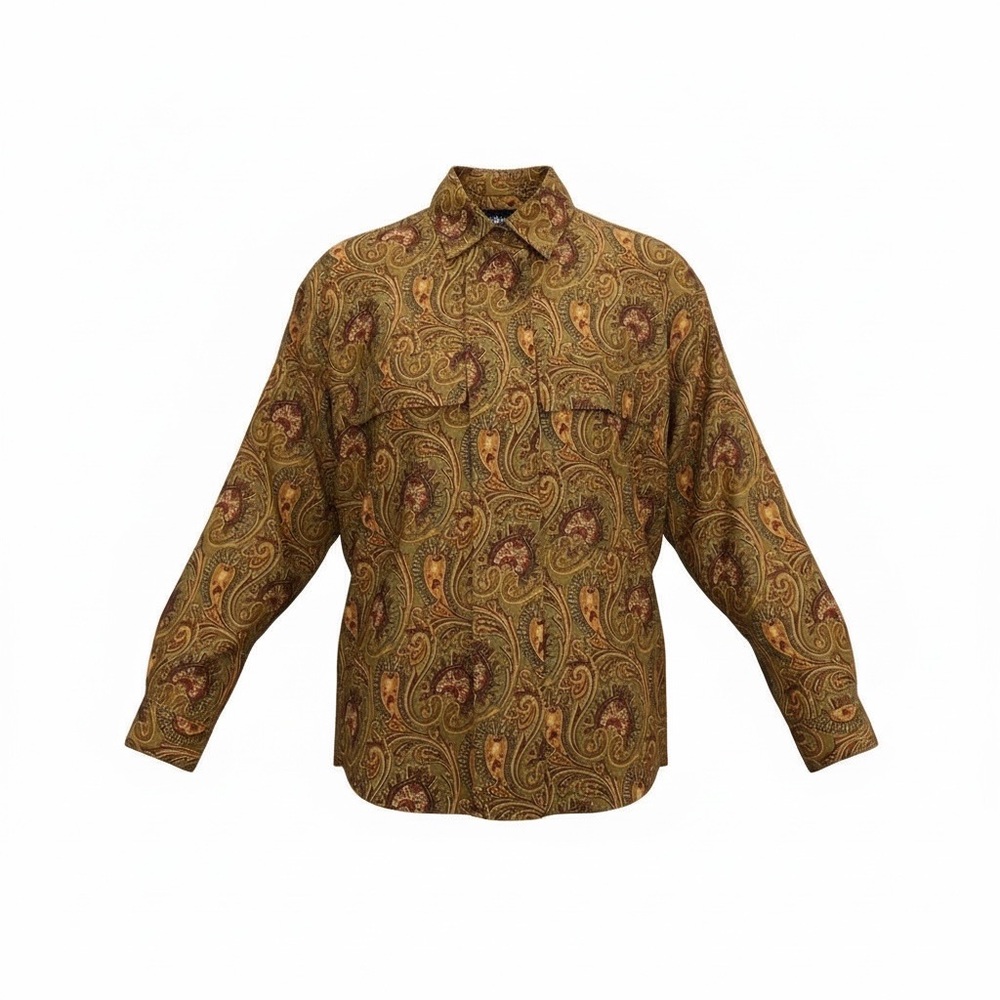 LINDA ALLARD ELLEN TRACY Olive Paisley Vintage Silk Button Down Shirt | Size 6